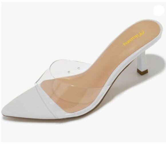 Milooey shoes Women's Kitten Heel Mules Open Pointed Toe Slide Sandals White - Picture 1 of 8